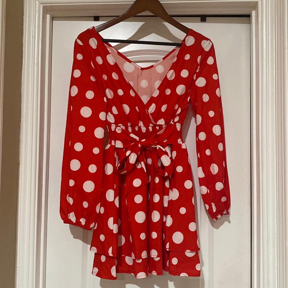 Chic me brand; red with white poke a dot mini dress